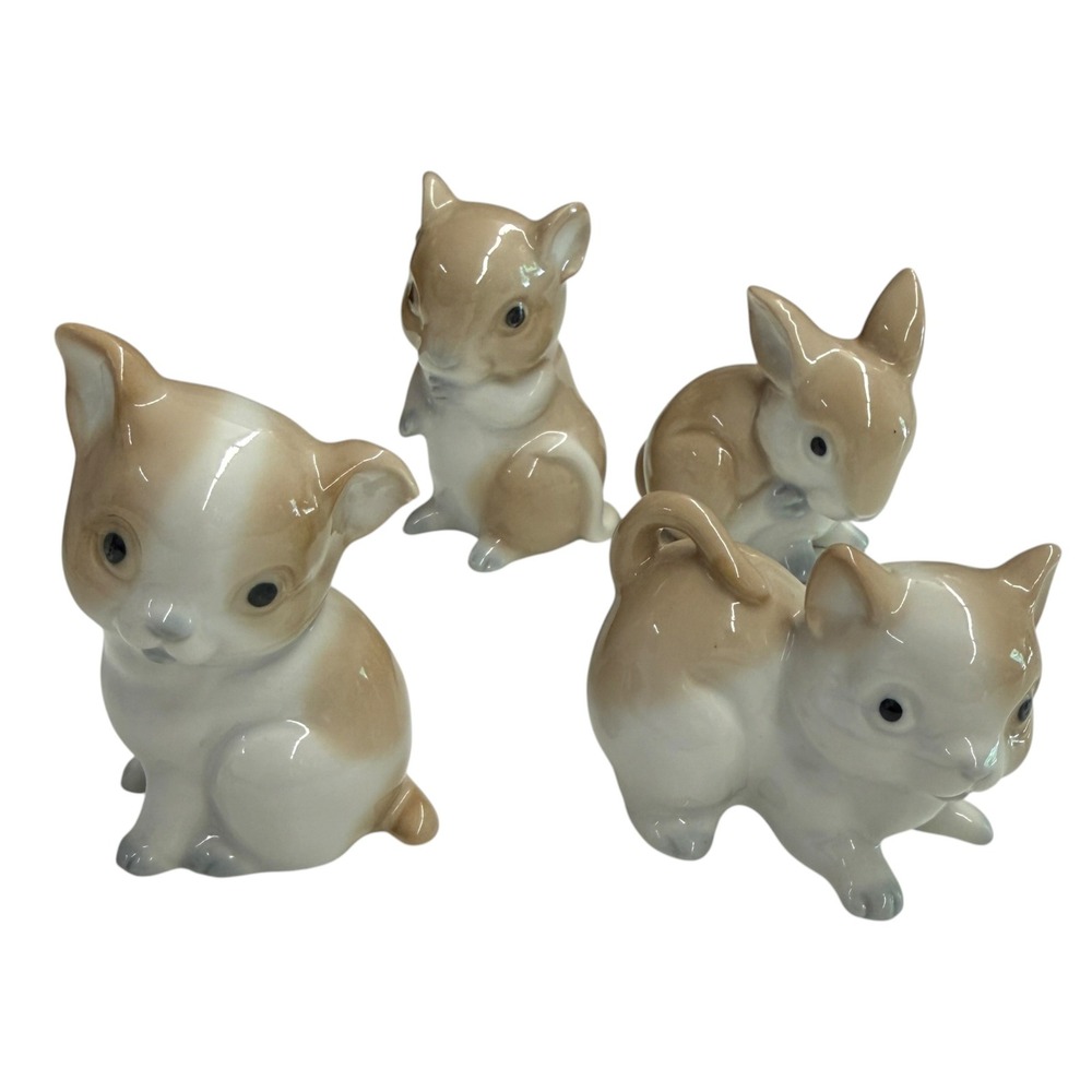 Vintage Ceramic Animal Figurine Set 4pc‎ Tan White Japan